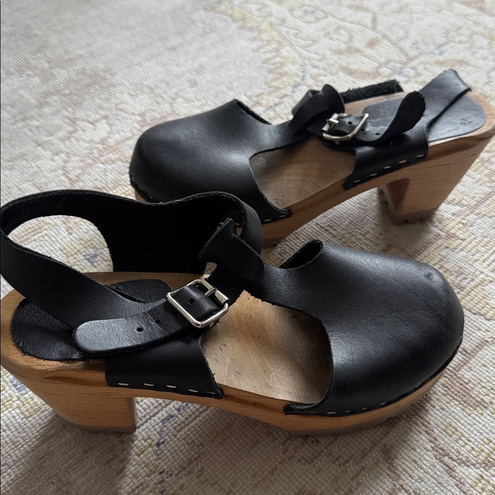 Free People Style Black Leather Wooden Clog Mules